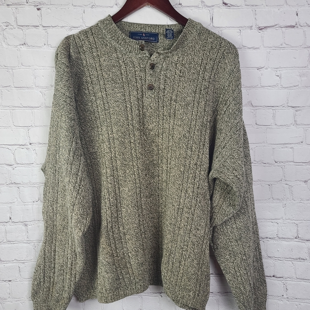 John Ashford Sweater. Men's Crewneck 1/4  Button Down. Olive & cream. Sz…